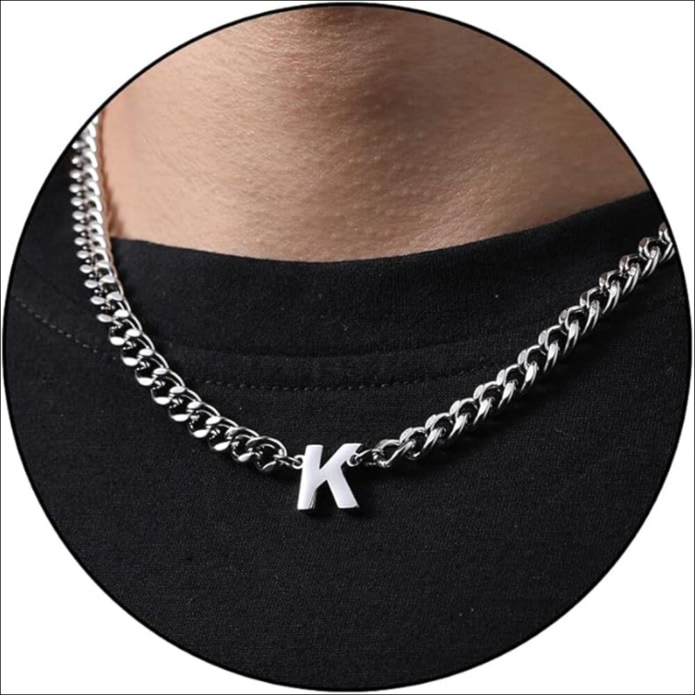 Stainless Steel Cuban Link Chain Necklace with Initial Pendant